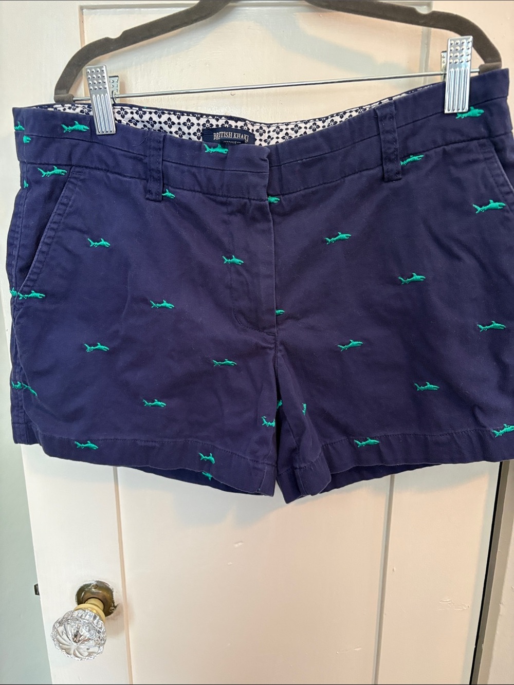 British Khaki Navy Shorts with Green Shark Embroidery